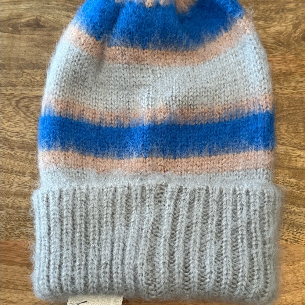Free People Striped Beanie - Blue and Tan